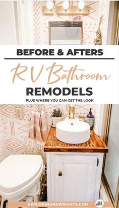 the before and afters of a bathroom remodel with text overlaying