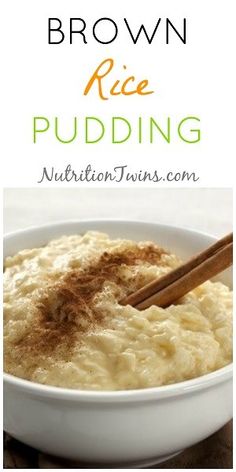 brown rice pudding in a white bowl with cinnamon on top and the words, brown rice pudding