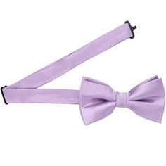 Get ready for spring vibes! Dive into the season with our lavender bow tie, a perfect shade for Easter and wedding attire. The solid color complements those popular dusty purple bridesmaid dresses. Amp up your group's look by checking out our lavender neckties, a great way to offset the groom from his groomsmen. To coordinate from head to toe, don't miss our lavender pocket squares (sold separately). This is a pre-tied bow tie with an adjustable band collar to fit most adults. The material is a Fitted Purple Suit And Tie Accessories For Party, Elegant Purple Bow Tie For Party, Solid Standard Tie Bow For Wedding, Wedding Satin Bow Tie In Specific Color, Classic Spring Party Bow Tie, Wedding Satin Bow Tie, Purple Bow Tie For Party, Purple Party Bow Tie, Adjustable Solid Bow For Wedding