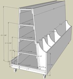 a drawing of a book shelf with shelves on wheels and measurements for the bottom section