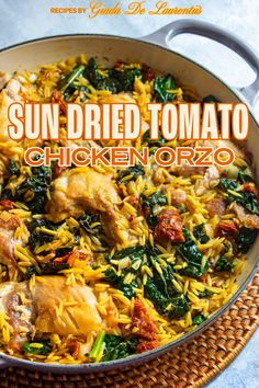 sun dried tomato chicken orzo in a skillet