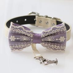 a purple and white bow tie on a dog collar