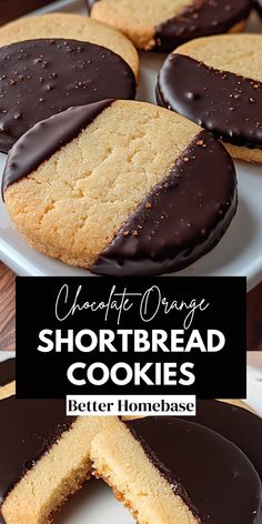 chocolate orange shortbread cookies on plates with one cut in half