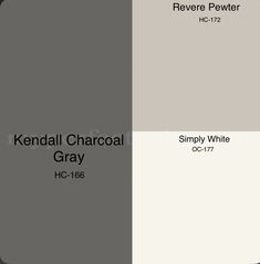 two shades of gray and white with the words, kendal charcoal gray on them