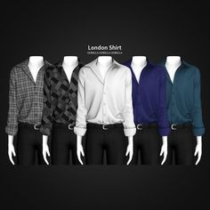 four different types of shirts on mannequins in front of a black background