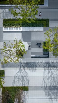 an overhead view of a park with benches and trees