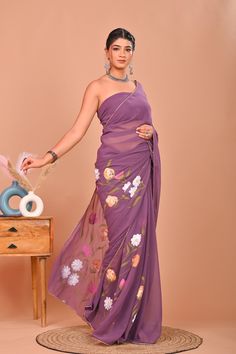 This Sarees item is sold by SarvVastram. Ships from India. Listed on 11 Jul, 2024 Saree For Party Wear, Saree Purple, Saree For Party, Saree White, Floral Print Saree, Saree For Wedding, Pure Georgette Sarees, Floral Print Sarees, Saree Floral