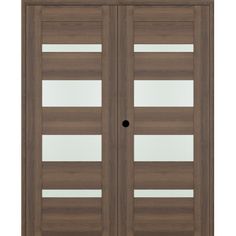 an oak double door with frosted glass and brown woodgrained doors, both side - by - side