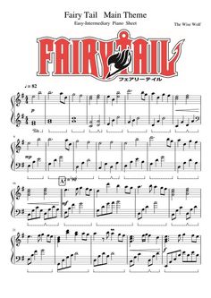 the fairy tail main theme sheet with music notes in red, black and white colors