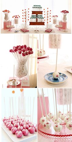 four different shots of cake pops and candy on sticks in pink, white and blue colors