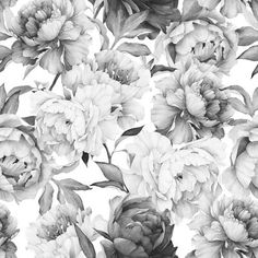 black and white floral pattern with large flowers on the left hand side, in full bloom