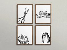 four black and white prints with scissors, measuring tape, sewing needles and other items