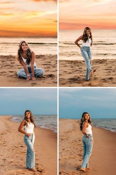 a woman is sitting on the beach and posing for her senior photo session at sunset