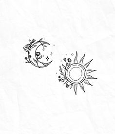 two sun and moon tattoos on white paper with black ink, one is drawn by hand