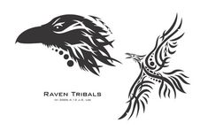 two black and white birds flying next to each other with the words raven tribals on it