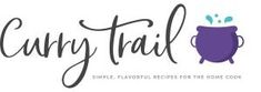 the logo for curry trail simple flavored treats for the home cook, featuring a caulder with sprouts coming out of it