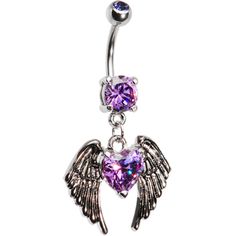 a purple heart and angel wings navel bar with an attached belly ring in the shape of a heart