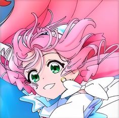 an anime character with pink hair and green eyes