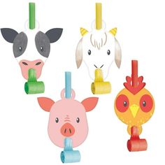 three farm animals are hanging from hooks on the wall, and one is wearing a cow's head