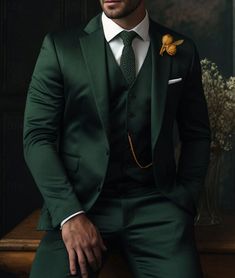 Dark Green Men's Wedding Suits 3 Piece Solid Colored Slim Fit Single Breasted Two-buttons 2024 2024 - $107.99 Green Suit Men, Green Wedding Suit, Dark Green Wedding, Prom For Guys, Prom Suits For Men, Cheap Suits, Evening Suit, Emerald Green Weddings, Prom Suits