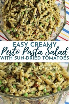 pasta salad with peas and sun dried tomatoes in a glass bowl on a striped tablecloth