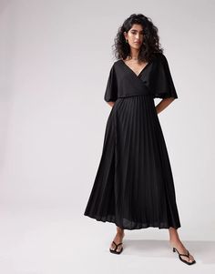 ASOS DESIGN wrap flutter sleeve midi dress with pleat skirt in black | ASOS Flowy V-neck Midi Dress For Brunch, Pleated V-neck Maxi Dress For Brunch, V-neck Pleated Maxi Dress For Brunch, V-neck Midi Dress With Pleated Hem For Evening, Flowy Midi Wrap Dress For Evening, V-neck Pleated Waist Dress For Work, Flowy Evening Wrap Dress Midi Length, Elegant Pleated V-neck Dress With Short Sleeves, Evening Midi-length Flowy Wrap Dress