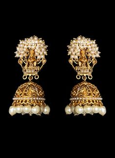 Mugdha - South Indian Temple Jewelry w/ Cluster Pearls & Goddess Motif work Temple Jewelry Bridal Necklace With Pearl Drop, Elegant Chandbalis For Ceremonial Navratri, Elegant Chandbalis For Navratri Ceremonies, Elegant Ceremonial Chandbalis For Navratri, Gold Plated Temple Jewelry Jhumkas, Traditional Pearl Drop Jhumkas For Reception, Pearl Drop Jhumkas For Reception And Festivals, Temple Jewelry Bridal Earrings With Intricate Design, Temple Jewelry Jhumkas With Pearl Drop For Reception