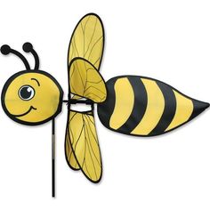 a yellow and black bee wind spinner on a white background