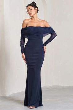 Madeleine Navy Fishtail Maxi Dress With Bardot Mesh Long Sleeves – Club L London - USA Midi Bridesmaid Dress, Fishtail Maxi Dress, Bardot Neckline, Black Dress Prom, Fishtail Skirt, Black Tie Gala, Skirt Maxi, Black Velvet Dress, Mesh Sleeves