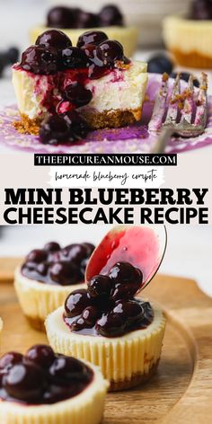 mini blueberry cheesecake recipe on a cutting board with the title text overlay