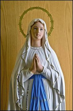 a statue of the virgin mary holding blue parasols in front of a wooden wall