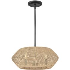 the light fixture is made out of woven material and has a black metal frame with an oval