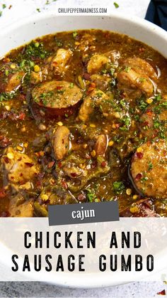 chicken and sausage gumbo in a white bowl with the title above it reads cajun