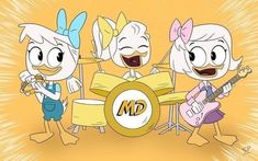 cartoon characters playing instruments and singing in front of an orange background with the word md on it