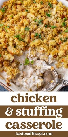 chicken and stuffing casserole in a white dish