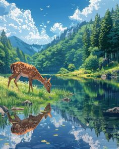 a painting of a deer drinking water from a lake