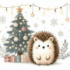 a hedgehog sitting next to a christmas tree