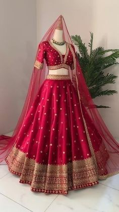 a red lehenga on display in front of a plant