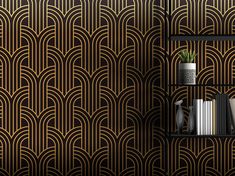 an art deco styled wallpaper with bookshelves and vases