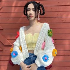 41184579616902|41184579649670|41184579682438|41184579715206 Kawaii Flower, Flower Cardigan, Flower Sweater, Style Kawaii, Knitting Women Cardigan, Floral Cardigan, Floral Fit, Floral Knit, Cardigan Sweaters For Women