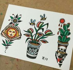 three potted plants with flowers and bees on them are drawn in colored pencils