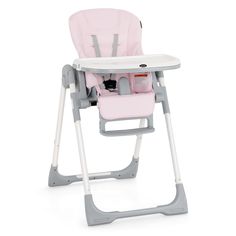 a baby high chair with pink and grey trims on the seat, in front of a white background