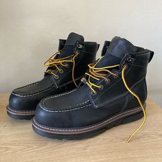 Never Worn Wolverine Safety Toe Boots . Does Have Small Indent On Side As Noticed In Picture . Once Worn A Few Times I’m Sure It’ll Pop Out Black Moc Toe Work Boots With Protective Toe, Black Work Boots With Goodyear Welt And Round Toe, Black Moc Toe Work Boots, Rugged Black Moc Toe Work Boots, Toe Boots, Pop Out, Boots Men, Men's Shoes, Shoe Boots