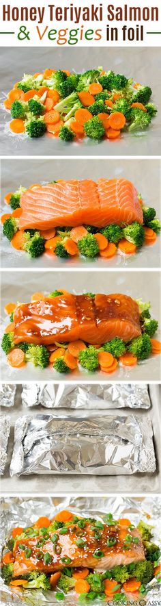 salmon, broccoli and carrots are being cooked in foil