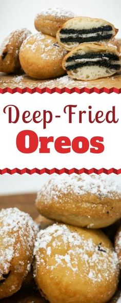 a pile of deep fried oreos with powdered sugar on top and the words deep fried oreos above it