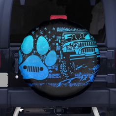 a car tire cover with a dog's paw print on the back of it