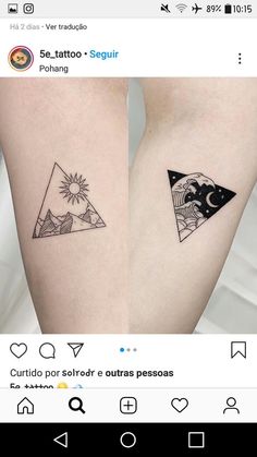 two small tattoos on both legs with mountains and sun in the sky, one is black and white