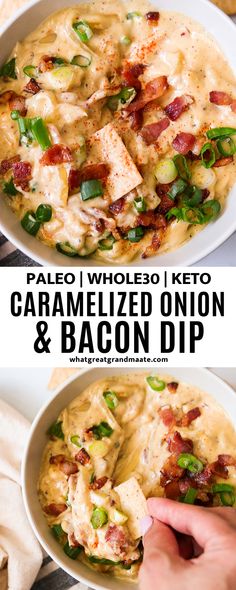 two images showing how to make caramelized onion and bacon dip in a bowl