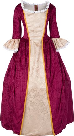 INCLUDED: One 18th Century style, long velvet zipper back dress with contrasting satin jacquard, and One Colonial Mob Cap. The bodice is fully lined with a poly/cotton broadcloth for comfort and trimmed with white lace on both the neckline and bell cuffs. *Please Note Dresses are photographed with hoop skirts. Hoop skirt is not included. Our adults historical and period costumes are individually crafted with careful attention to both detail and quality. When you make a purchase from Heritage Cos Colonial Dresses, Colonial Clothing, Mob Cap, Fancy Attire, Colonial Dress, Burgundy Velvet Dress, 18th Century Dress, Elegant Gowns, American Dress