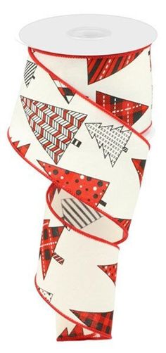 a roll of red and white patterned ribbon